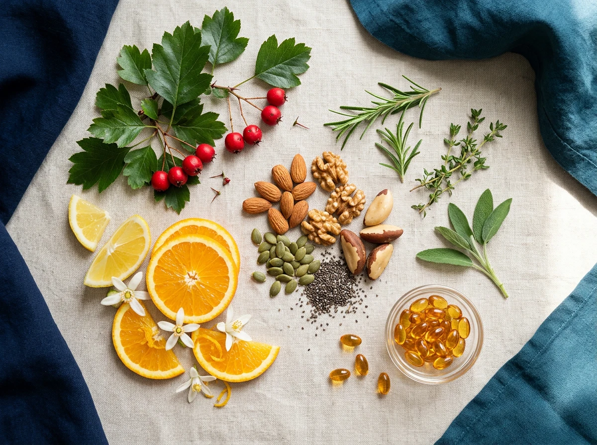 Whole natural ingredients: hawthorn berries, nuts, citrus and omega-3 softgels for cardiovascular wellness